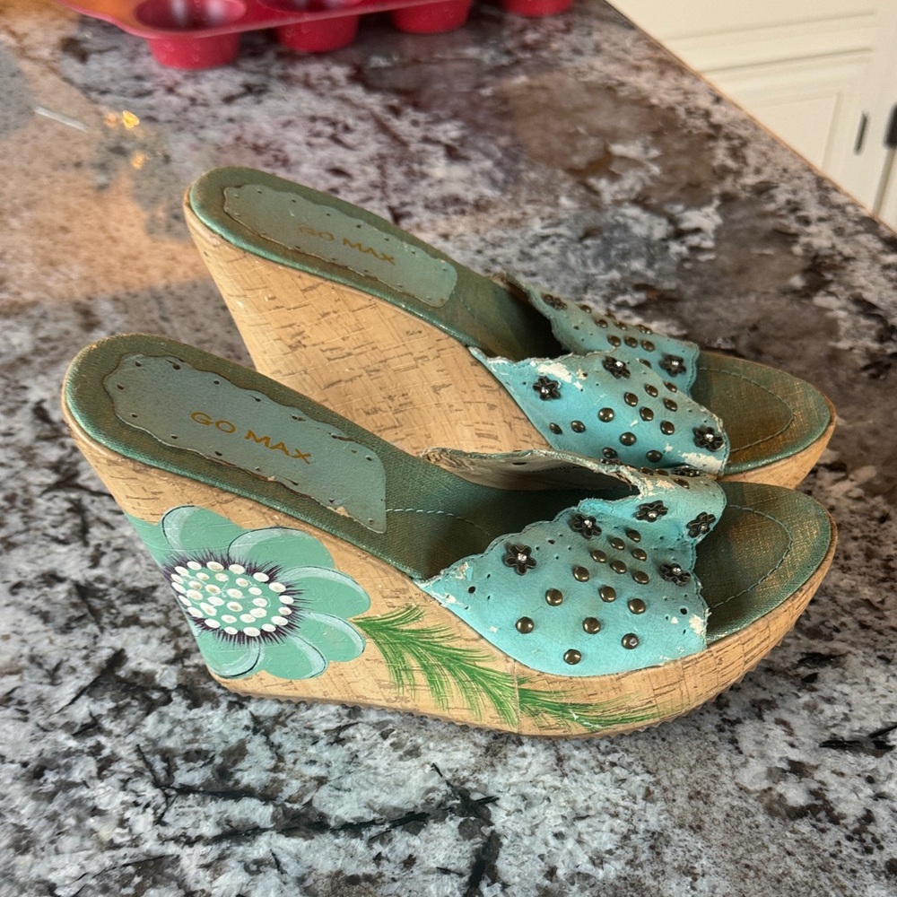 Gomax Aqua Floral Studded Wedge Mules
